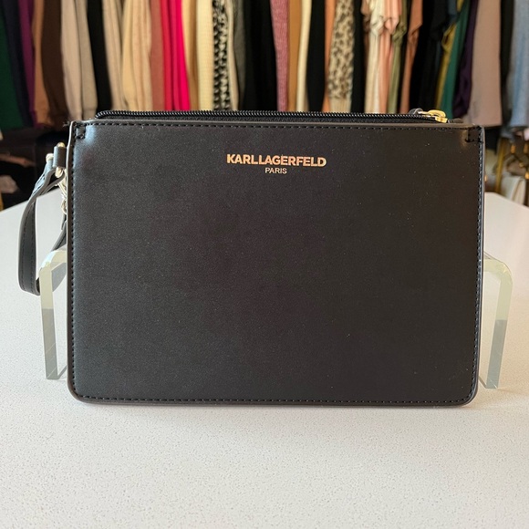 Karl Lagerfeld Large Black Leather Wristlet - Picture 1 of 6